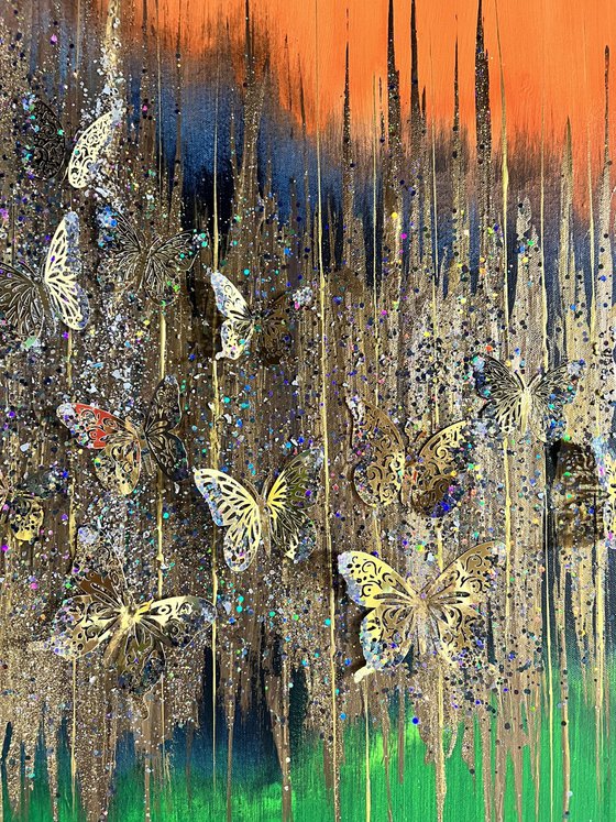 Every end has a beginning sunset abstract butterfly gold green orange with glitter