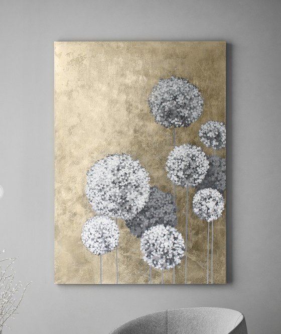 "Gold Flower Balls" Abstract gold gray art