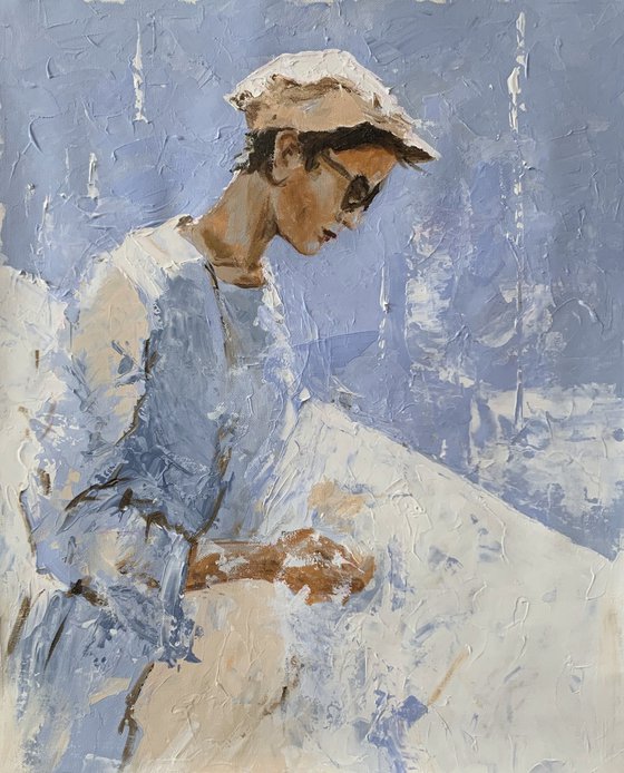 Quiet woman in Blue.