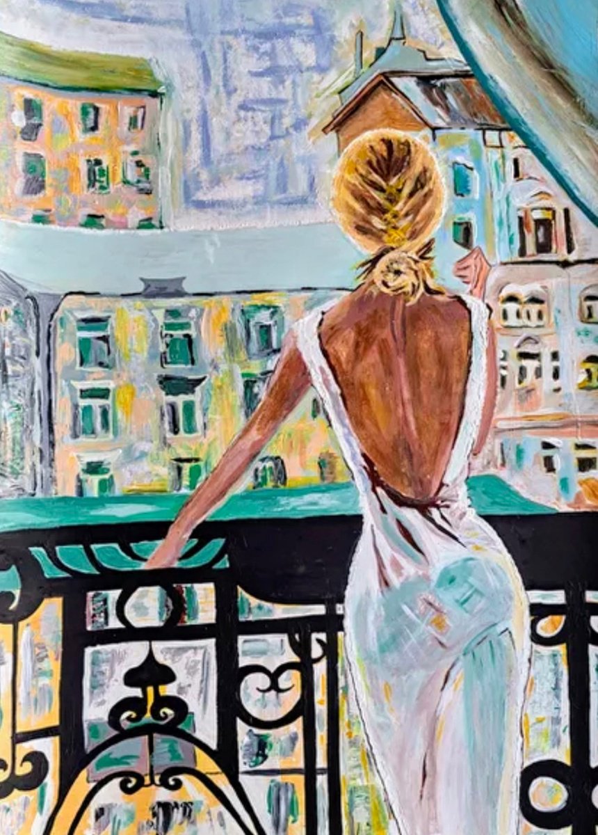 Impressionistic Portrait Acrylic Painting By Sanja Jancic, 20 X 28", View From The Balcony, Original Artwork
