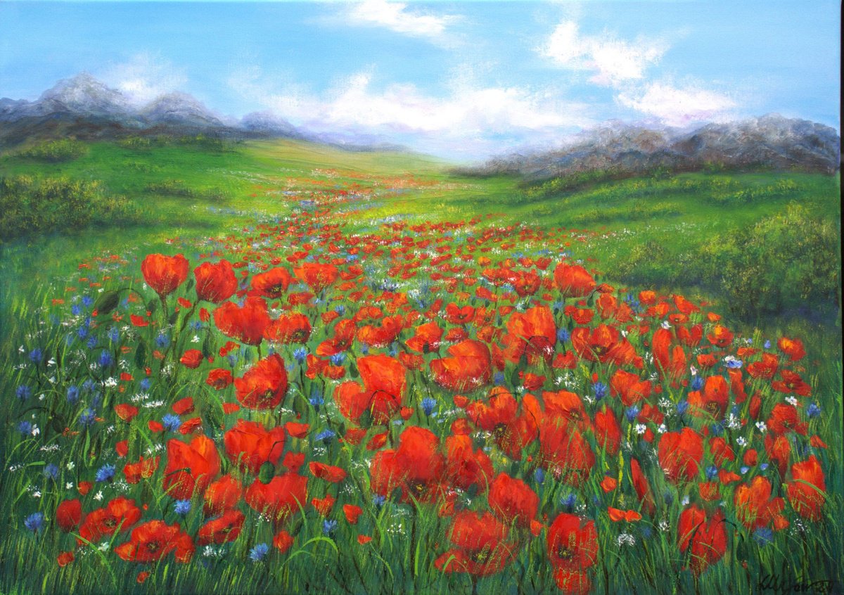 Impressionistic Landscape Oil Painting By Ludmilla Ukrow, 28 X 20", Red Flower Meadow, Original Artwork