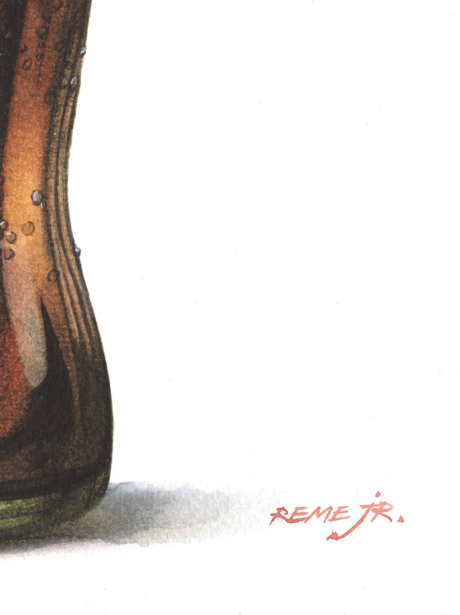 Photorealistic Still Life Watercolour By Reme Jr., 10 X 14", Bulgarian Coca Cola Bottle, Original Artwork