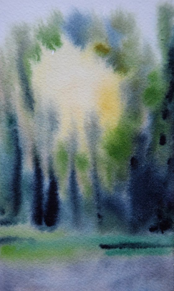 Abstract Watercolour Painting, Sun Forest Small Artwork, River Landscape Wall Art