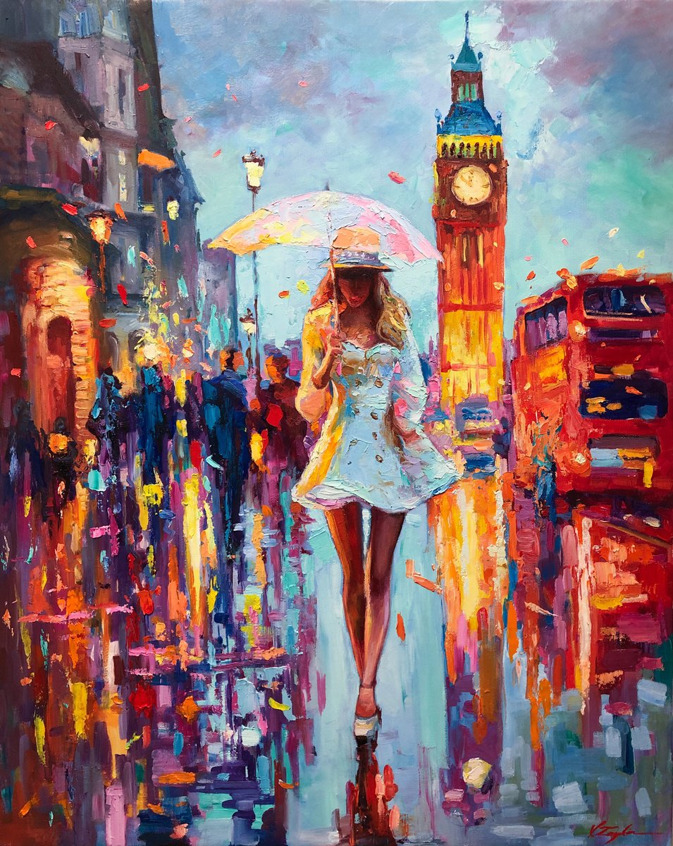 Impressionistic Portrait Oil Painting By Viacheslav Zaykin, 26 X 32", London Rainy Evening Stroll, Original Artwork