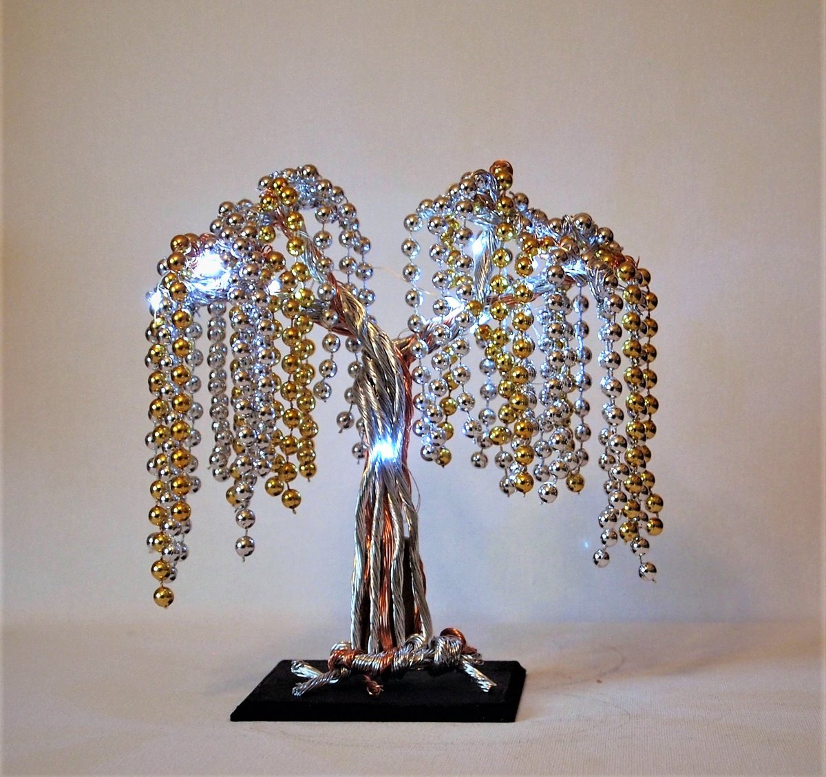 Silver and Copper wire tree sculpture with Beads and Bright white LED lights by Steph Morgan