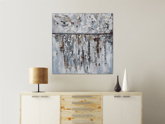 "Snow" white textured abstract Painting - 90 x 90 cm - Original oil painting