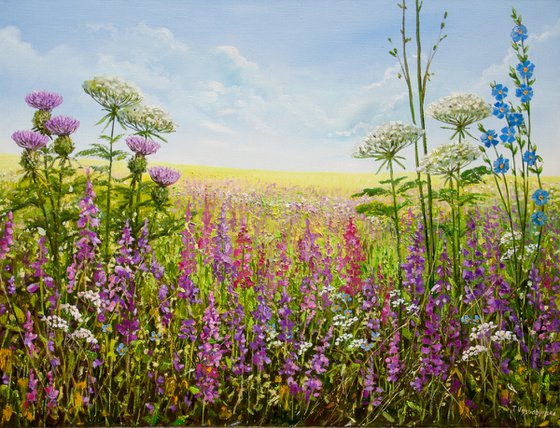 Meadow flowers. Oil painting. Field of flowers. Flower landscape. 33 x 26in.