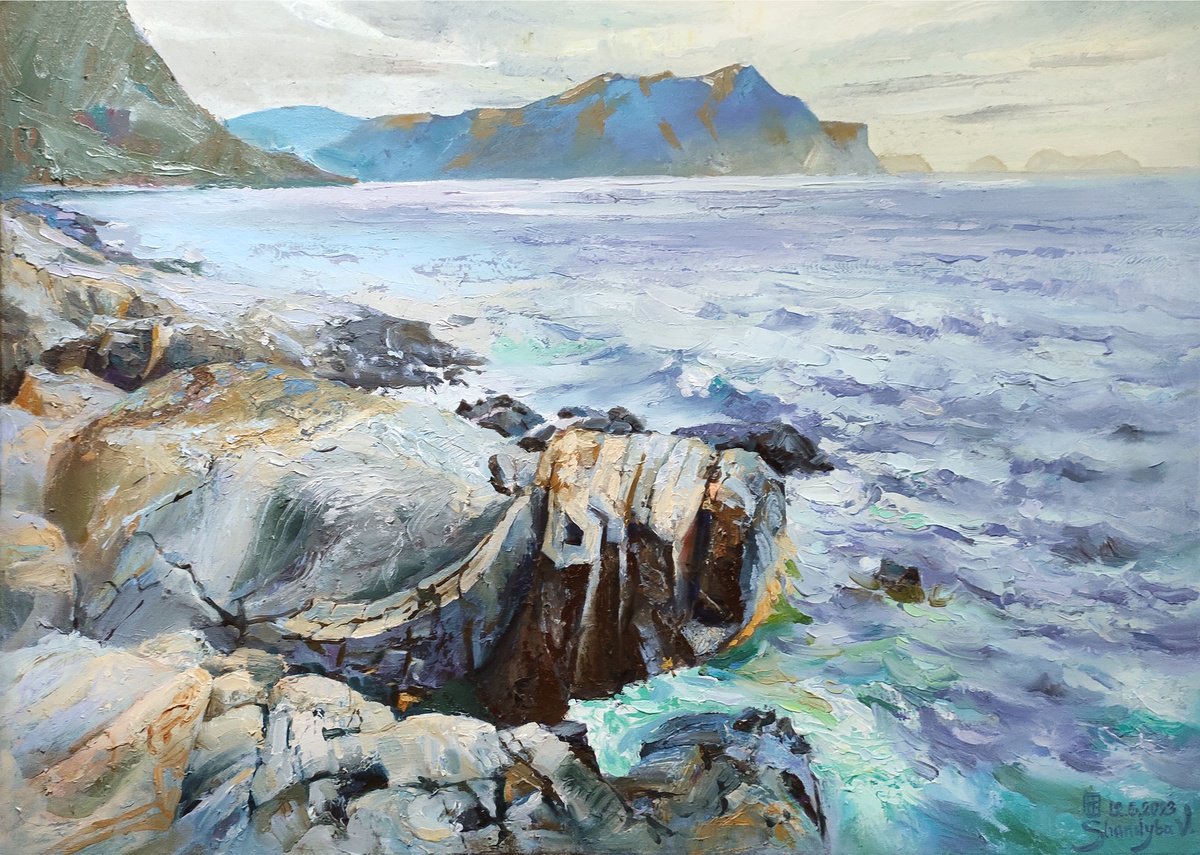 Impressionistic Landscape Acrylic Painting By Vladimyr Shandyba, 35 X 26", Atlantic Coast. View Of Hareid, Original Artwork