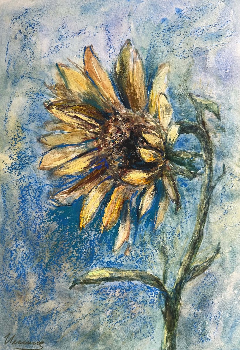SUNFLOWER- Pastel and watercolor drawing on paper, spring, original gift, sunny interior by Tatsiana Ilyina