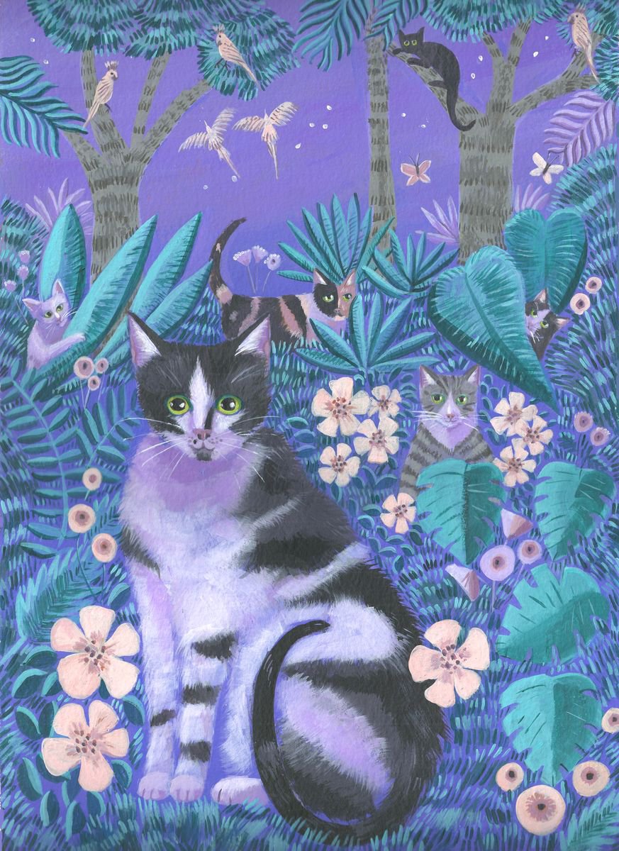 Illustrative Animal Acrylic Painting By Mary Stubberfield, 11 X 16", Night Mischief, Original Artwork