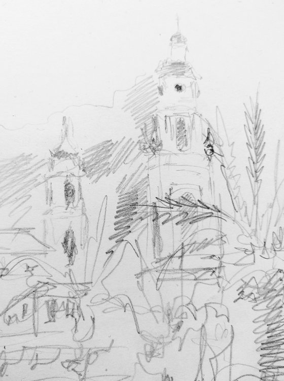 Côté d'azur - Menton. Sketch. Cityscape original pencil drawing