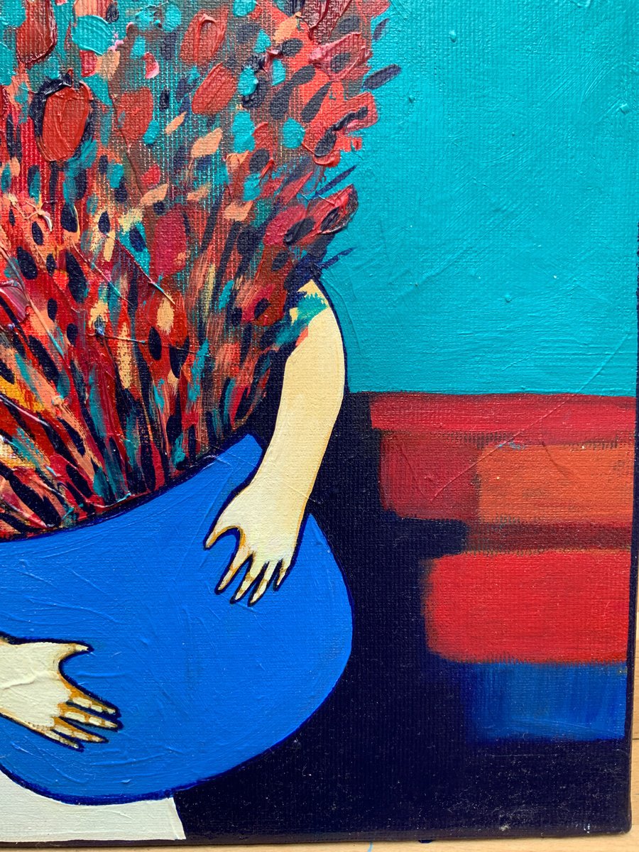 Naive Portrait Acrylic Painting By Elena Tomilova, 12 X 12, Bouquet, Original Artwork