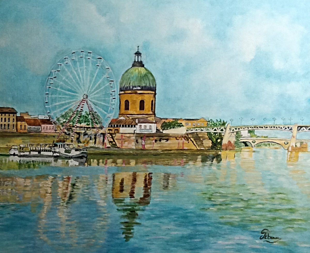 Impressionistic Cityscapes Oil Painting By Isabelle Lucas, 23 X 20, City With Big Wheel, Original Artwork