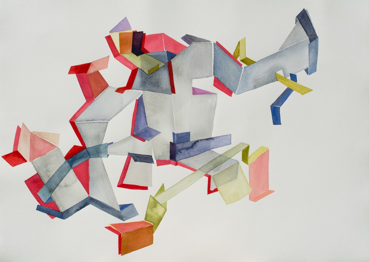 Geometric Abstract Watercolour By Trayana Panayotova, 31 X 22", "Spiritual Construction" Ii, Original Artwork