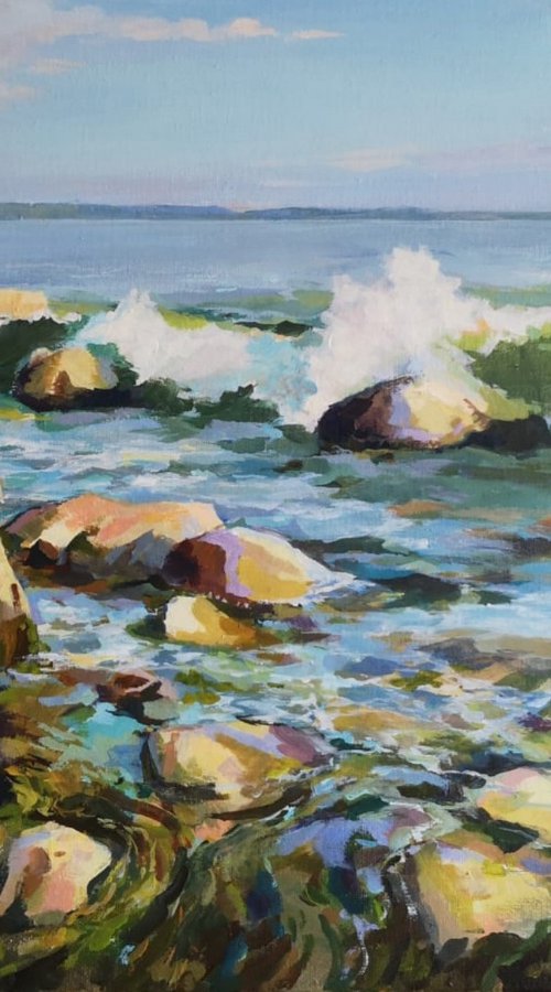 Warm stones, original one of a kind acrylic on canvas seascape by Alexander Koltakov