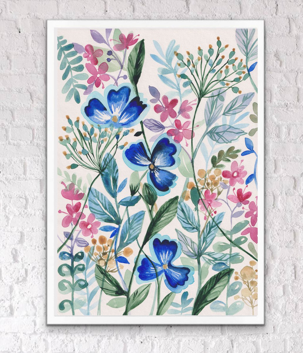 Cute flowers meadow Paintings, watercolor painting on paper, wall art, interior art, in... by Alexandra Dobreikin