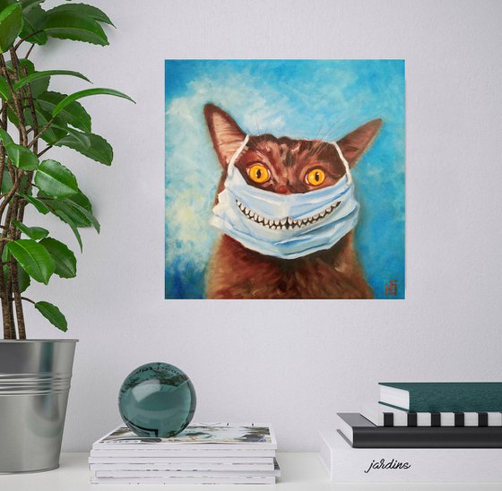 Lockdown cat, cat painting funny cat portrait 40x40 cm