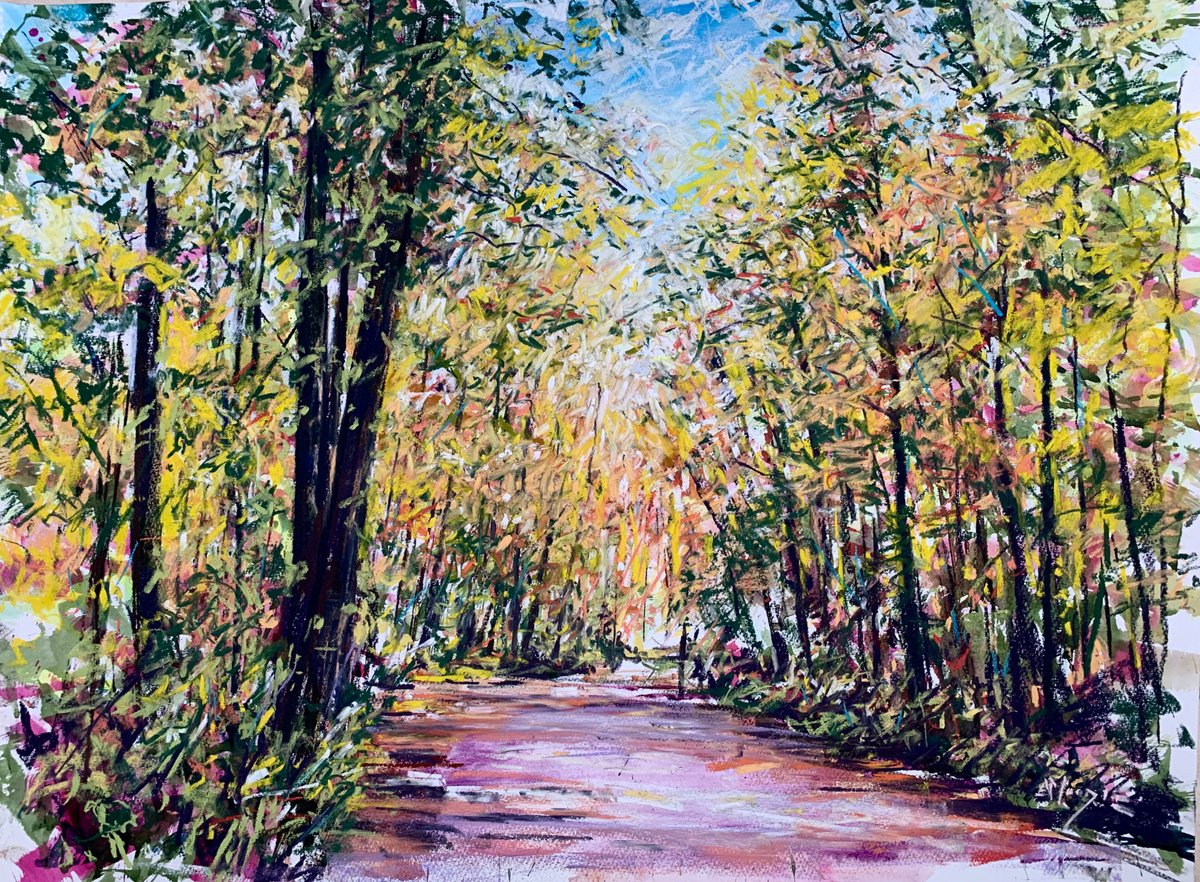 Impressionistic Landscape Drawing By Andrew Moodie, 24 X 18, Golden Woods, Original Artwork