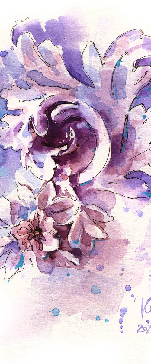 Sculpture flower and curls, watercolor sketch in purple violet tones by Ksenia Selianko