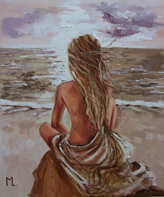 " SUNRISE " SUN SKY SEA SAND liGHt  ORIGINAL OIL PAINTING, GIFT, PALETTE KNIFE