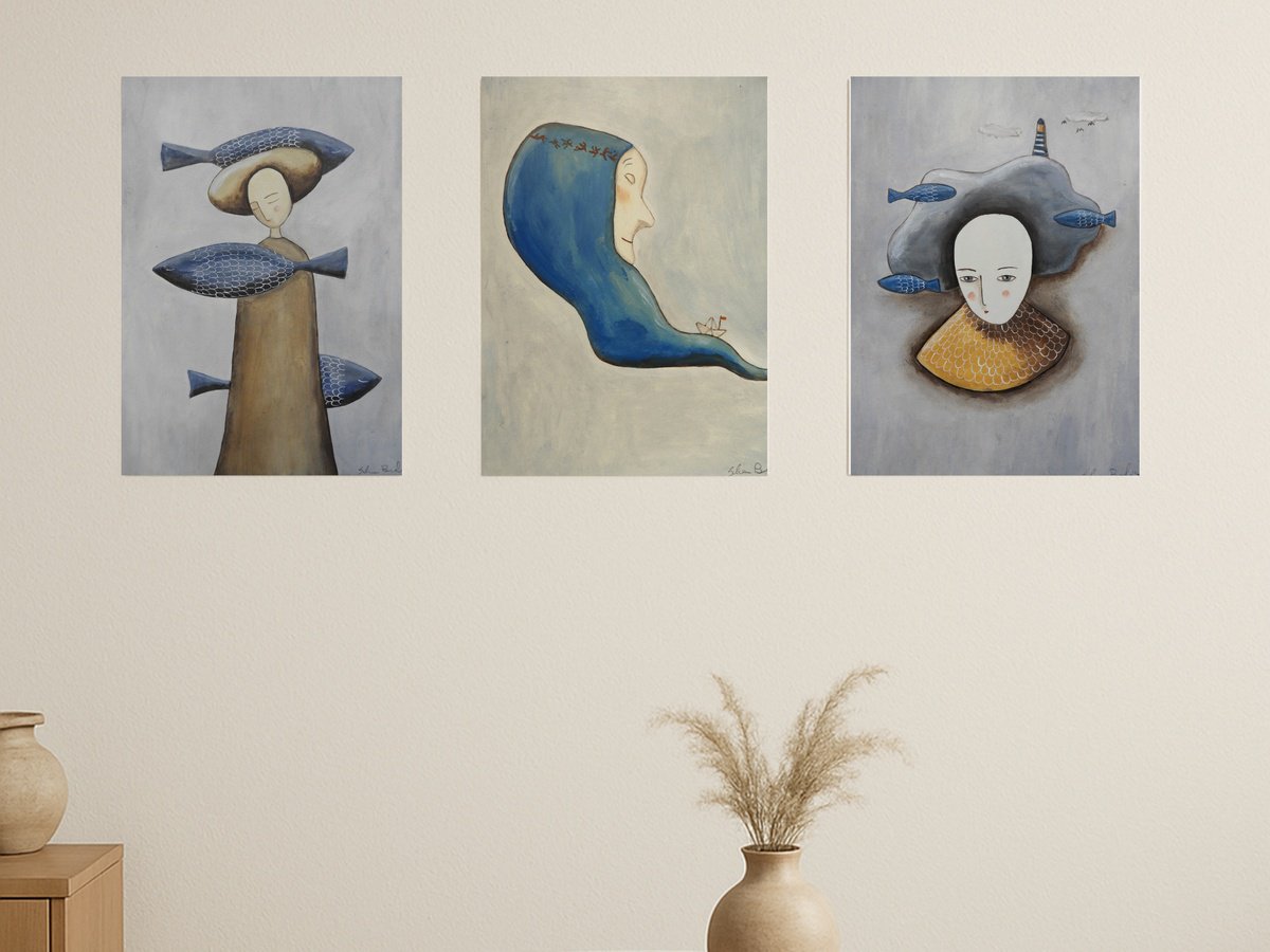 Illustrative Portrait Oil Painting By Silvia Beneforti, 8 X 12", About The Sea, Set Of 3, Original Artwork