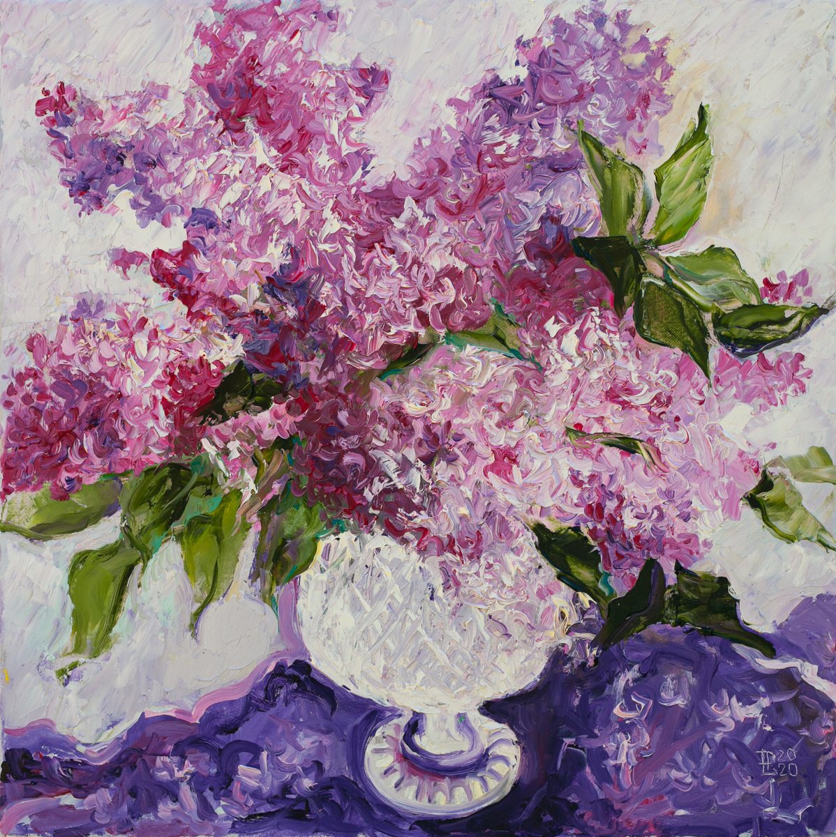 Expressive Botanical Oil Painting By Liudmila Pisliakova, 17 X 17", Lilac Laces Framed, Original Artwork