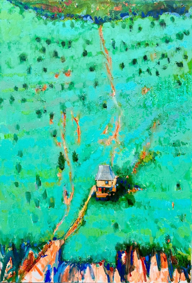 Impressionistic Landscape Oil Painting By Khanlar Asadullayev, 30 X 43", The House In The Sea Of Green, Original Artwork