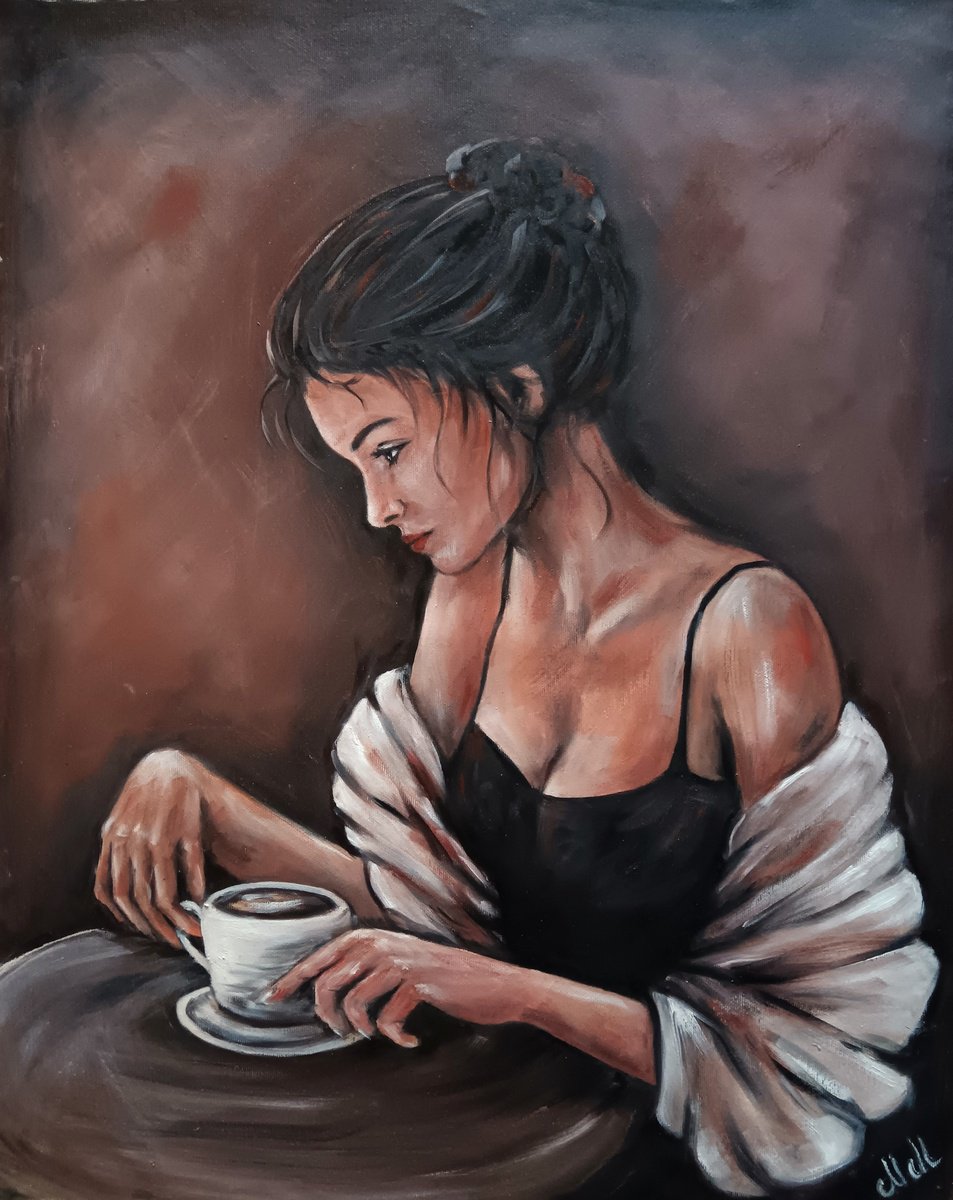 Expressive Portrait Oil Painting By Mateja Marinko, 20 X 24", Woman With The Coffee, Original Artwork