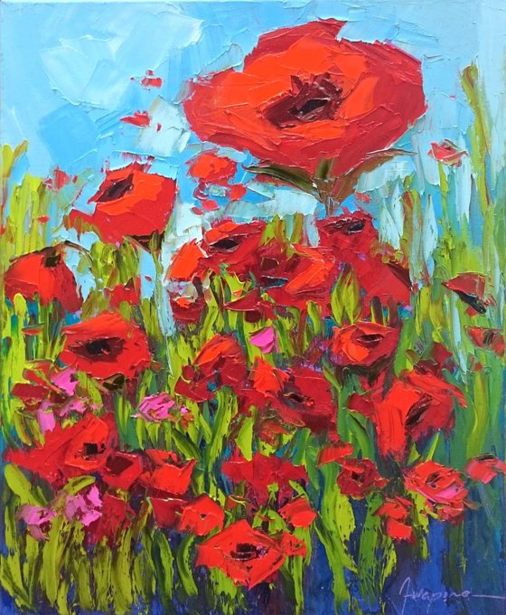 Red Poppy Field, original oil painting, Impressionistic Artwork