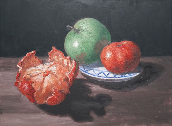 still life X: two oranges and an apple