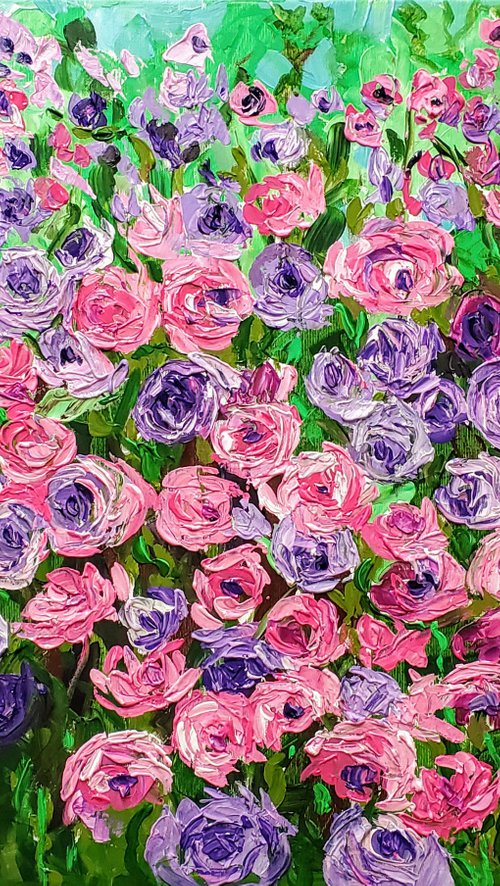 FIELD OF PURPLE PINK WHITE  ROSES  palette knife modern decor MEADOW OF FlOWERS, LANDSCAPE,  office home decor gift by Olga Koval
