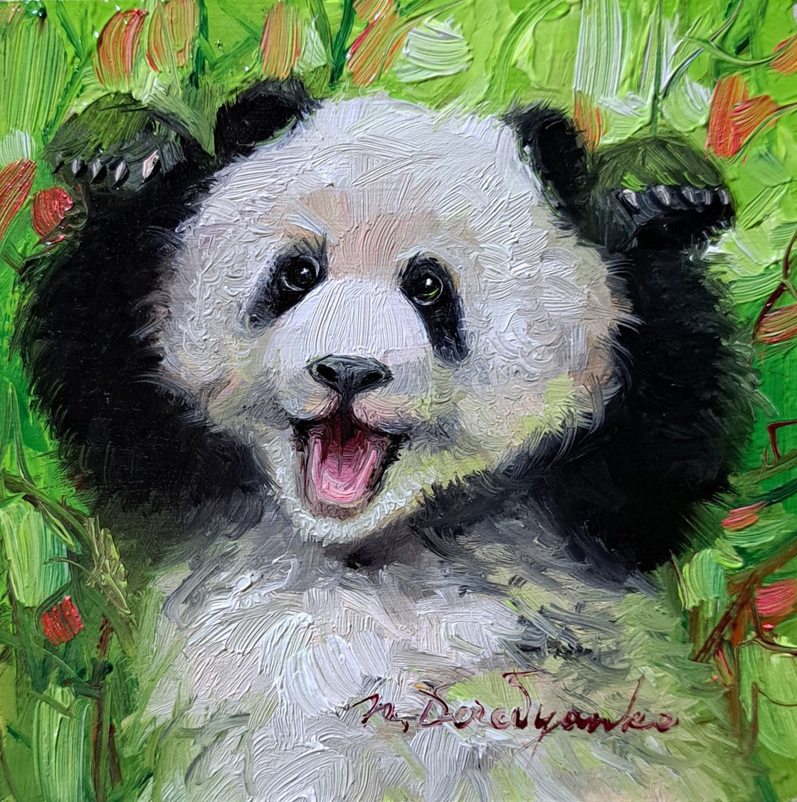 Panda oil original painting on cardboard Texture Art by Daiga Dimza Wall art fine gift for her for fashion kids Miniature artwork Palette knife