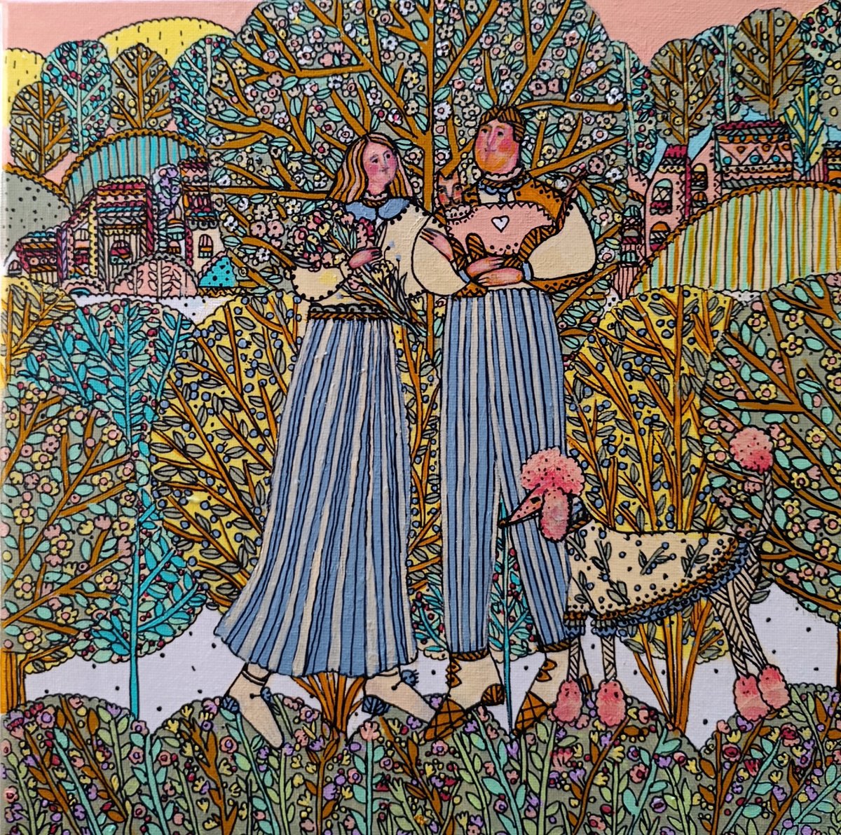 Illustrative Portrait Acrylic Painting By Tetiana Osadchuk, 12 X 12", Together, Original Artwork