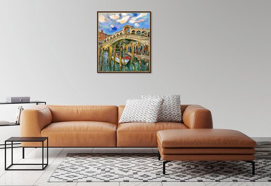 VENICE, RIALTO BRIDGE - Venice cityscape, landscape  - original painting, oil on canvas, architecture, bridge, water, love, vacations , interior home decor