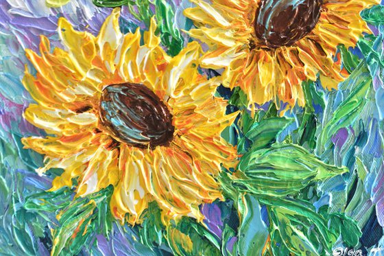 Sunflowers and Lavender - Original Impasto Floral Painting