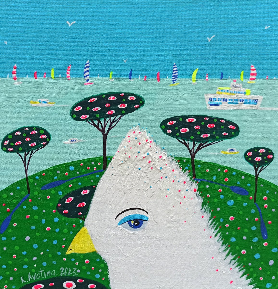 Impressionistic Animal Acrylic Painting By Katrina Avotina, 8 X 8", Adios Summer!, Original Artwork