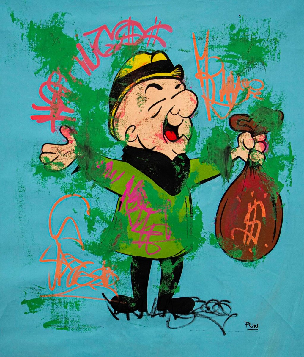 Cartoon Landscape Acrylic Painting By Carlos Pun Art, 28 X 35, Happiness Pose Feat J. Quincy Magoo, Original Artwork