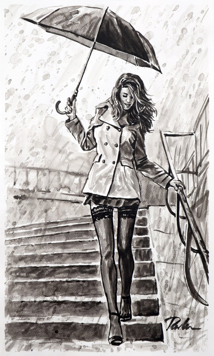 Urban And Pop Portrait Ink Drawing By Tashe, 12 X 20", Happy Rain, Original Artwork