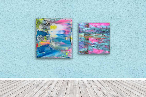 "I'm Rubber You're Glue" - Original PMS Abstract Acrylic Painting Diptych on Canvas and Wooden Panel - 44" x 27"