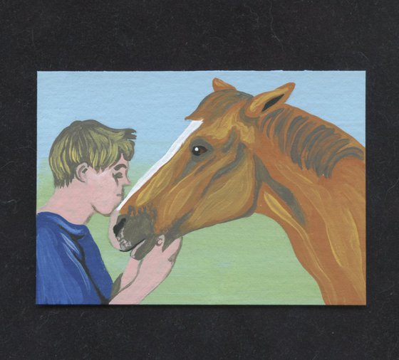 ACEO ATC Original Miniature Painting Horse Human Love Art-Carla Smale