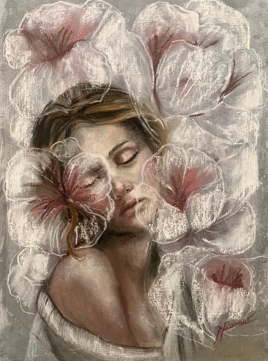 Expressive Portrait Pastel Drawing By Maria Romano, 11 X 17", Petals And Dreams, Original Artwork