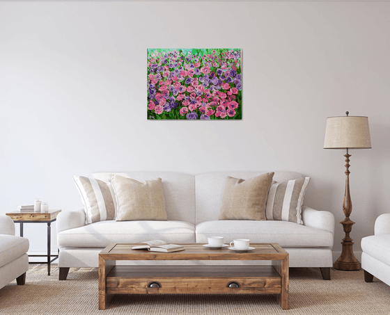 FIELD OF PURPLE PINK WHITE  ROSES  palette knife modern decor MEADOW OF FlOWERS, LANDSCAPE,  office home decor gift