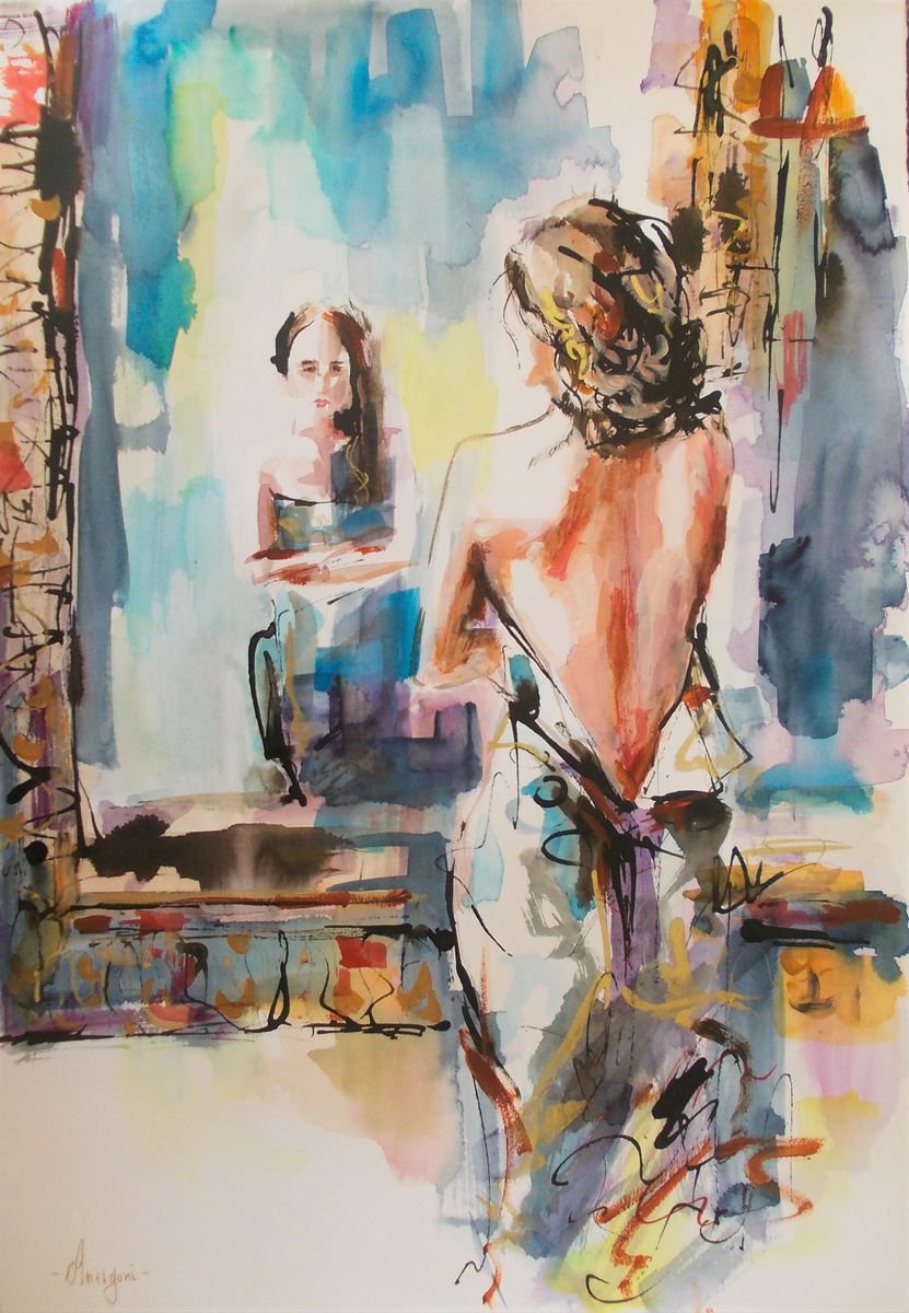 Echo- Woman Watercolor Mixed Media Painting by Antigoni Tziora