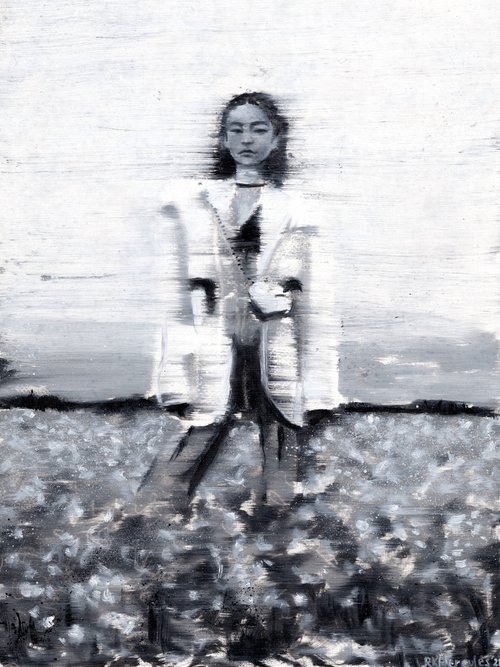 Ling | Black and white Asian woman oil painting on paper beautiful fashion lady in field outside view by Renske Karlien Hercules