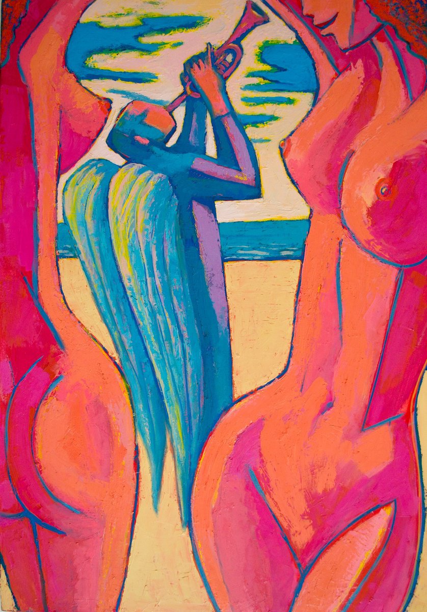 Expressive Portrait Oil Painting By Rumen Sazdov, 35 X 51", Eroticons, Original Artwork