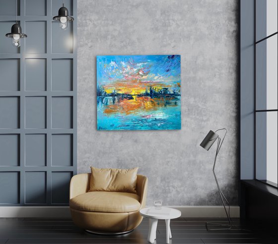 Sunset - Big city never sleeps, 70*80cm, impressionistic landscape oil painting in orange and turquoise