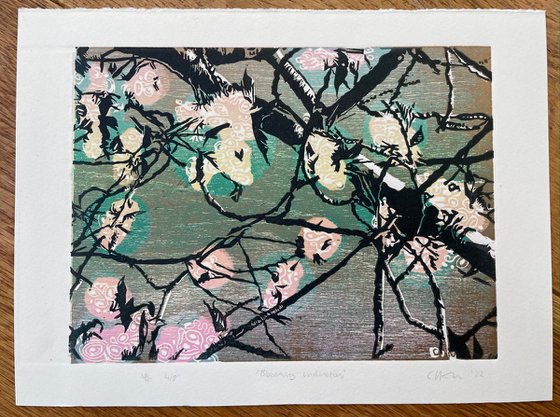 Blossoming Inclinations - Spring Blossom Contemporary Linocut Print