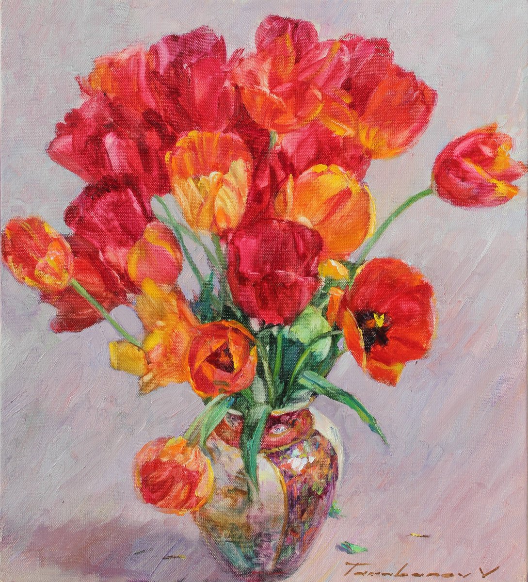 Impressionistic Botanical Oil Painting By Volodymyr Tarabanov, 18 X 20", Flaming Bouquet, Original Artwork