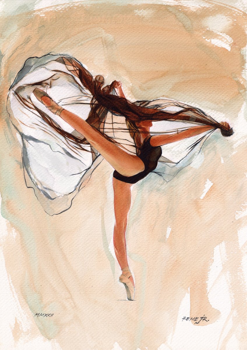 Expressive Portrait Watercolour By Reme Jr., 10 X 14", Ballet Dancer Dxxii, Original Artwork