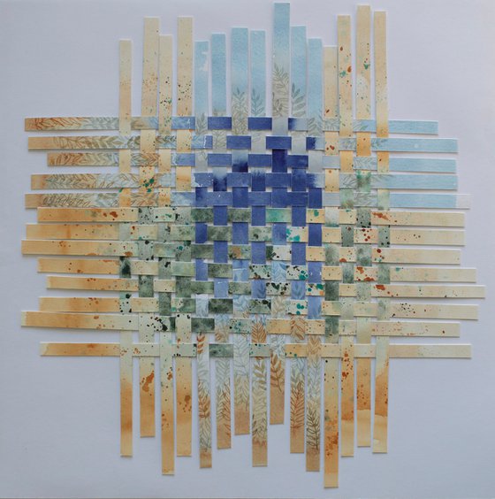 Watercolor paper stripes weaving collage in blue and yellow colors with herbs